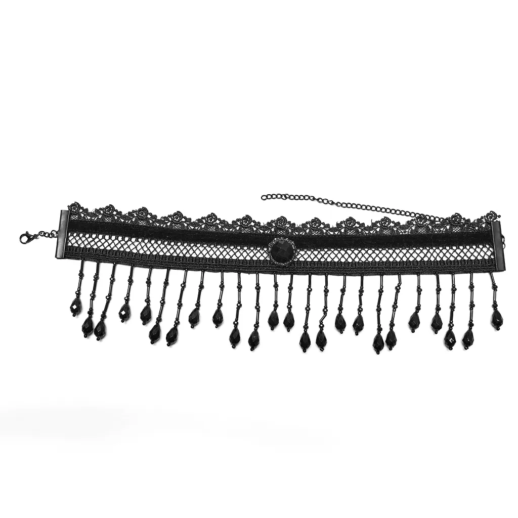 Victorian-Inspired Lace Choker with Black Beads