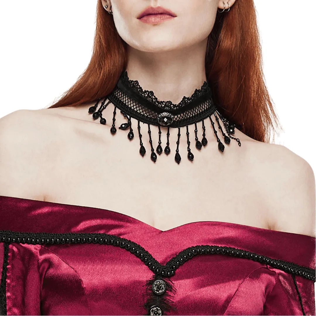 Victorian-Inspired Lace Choker with Black Beads