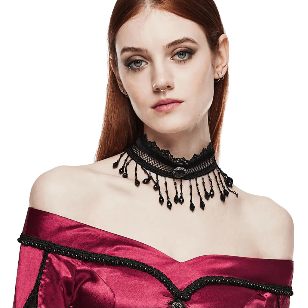 Victorian-Inspired Lace Choker with Black Beads