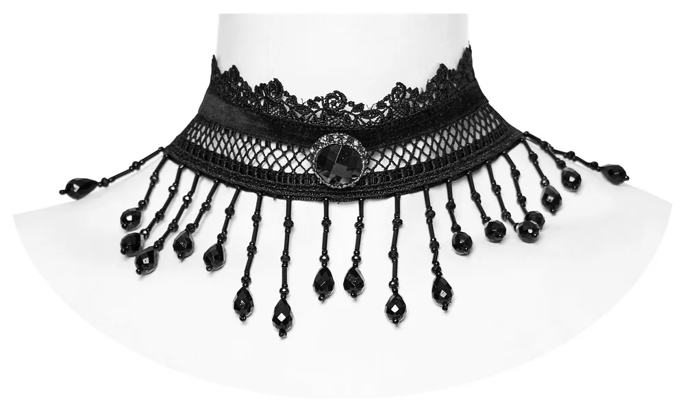 Victorian-Inspired Lace Choker with Black Beads
