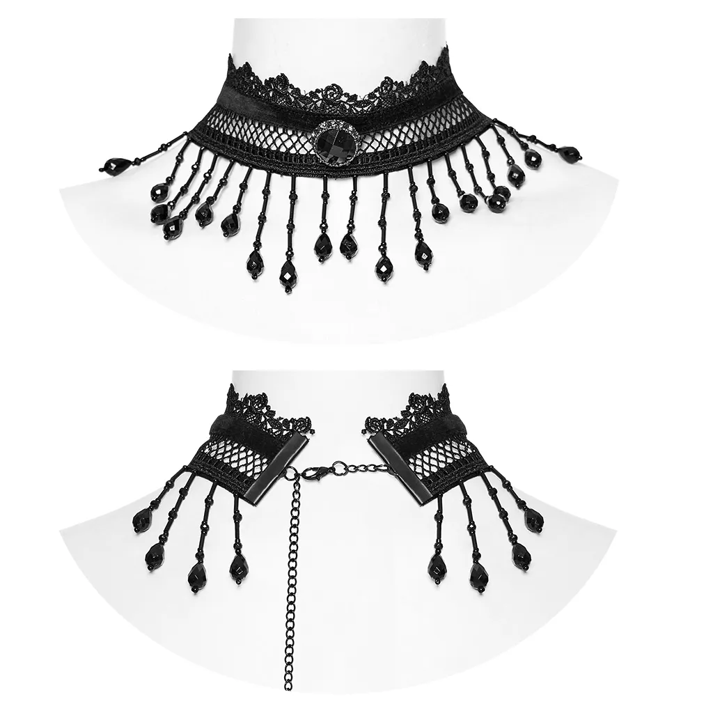 Victorian-Inspired Lace Choker with Black Beads