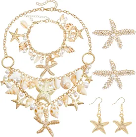 Women Mermaid Costume Jewelry Set, Mermaid Accessories with Starfish Seashell Necklace Bracelet Hair Clip Earrings