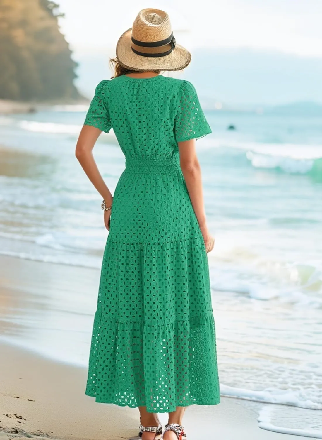 Womens Dresses Short Sleeve V Neck Long Beach Summer Aline Swing Flowy Dress with Pockets Casual Sundress