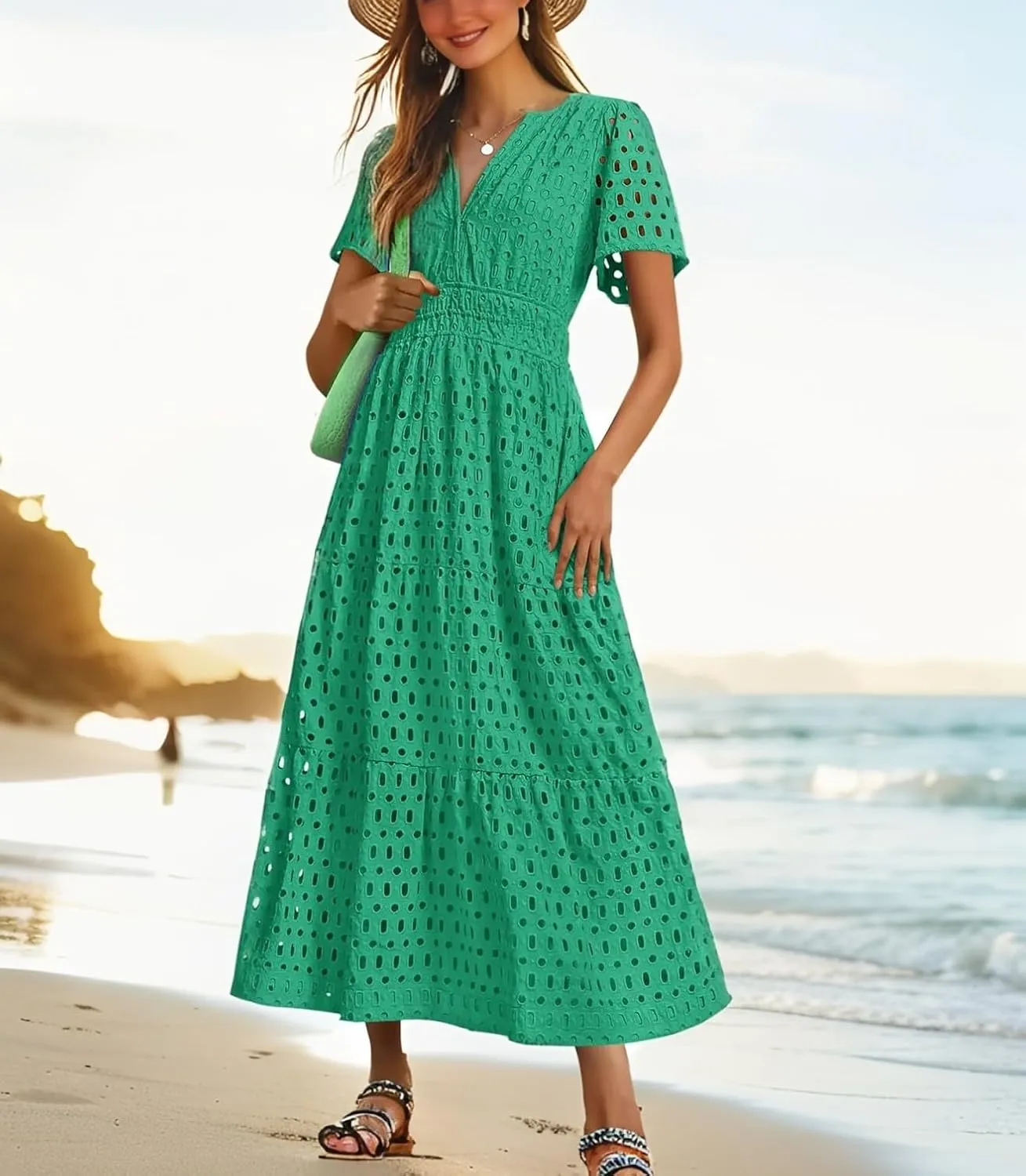 Womens Dresses Short Sleeve V Neck Long Beach Summer Aline Swing Flowy Dress with Pockets Casual Sundress