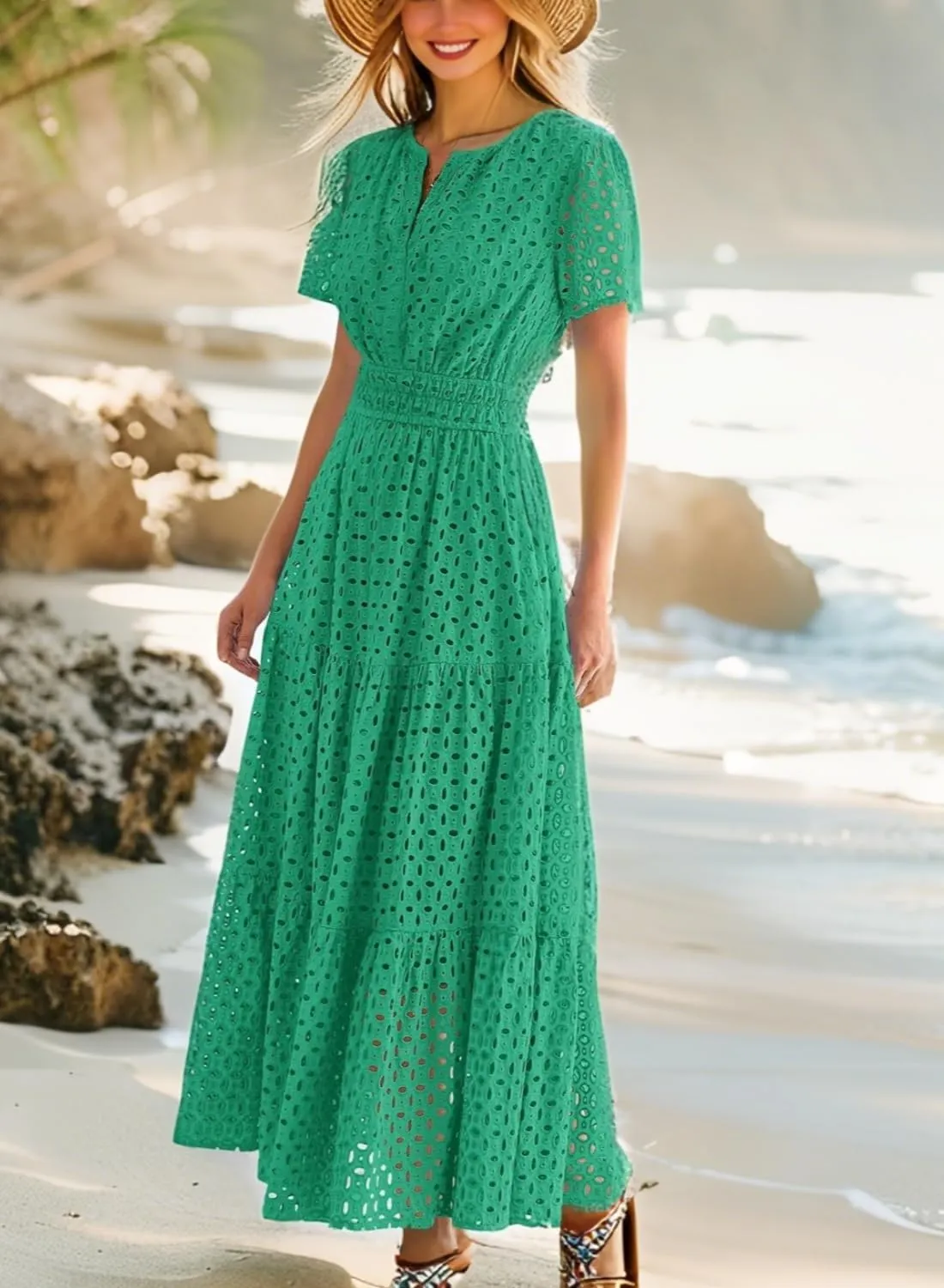 Womens Dresses Short Sleeve V Neck Long Beach Summer Aline Swing Flowy Dress with Pockets Casual Sundress