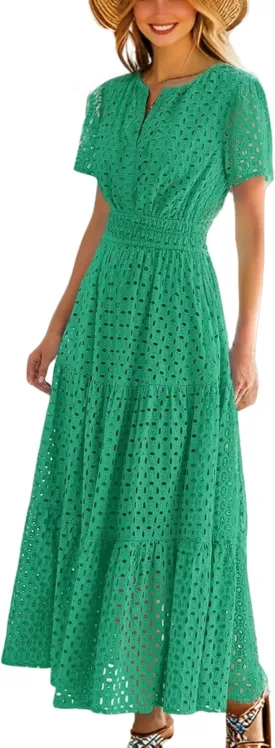 Womens Dresses Short Sleeve V Neck Long Beach Summer Aline Swing Flowy Dress with Pockets Casual Sundress