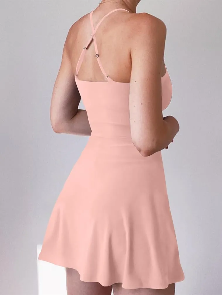 XXTAXN Women's Summer Casual Tennis Workout Spaghetti Strap Backless Mini Dress with Shorts