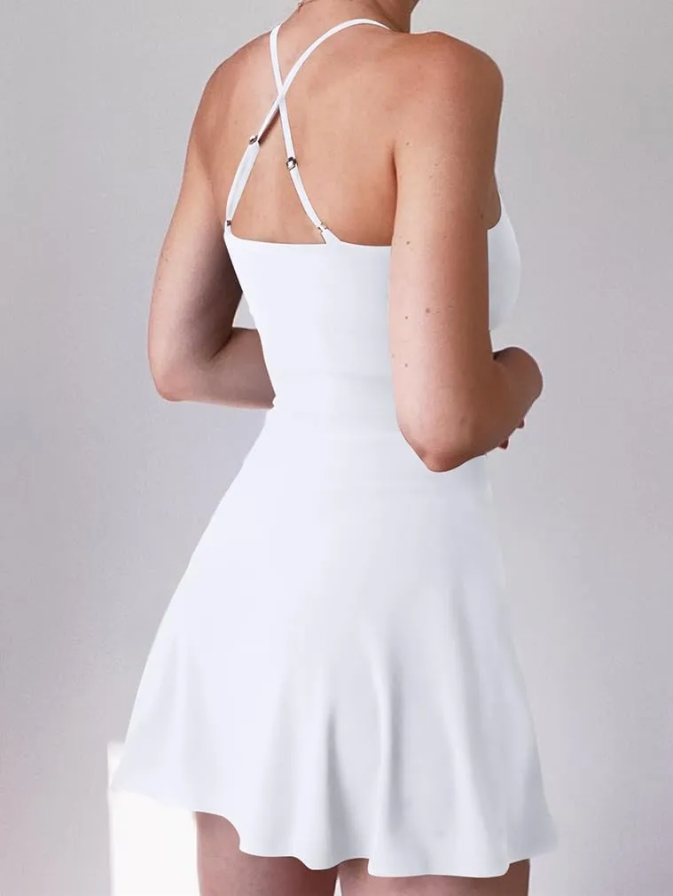 XXTAXN Women's Summer Casual Tennis Workout Spaghetti Strap Backless Mini Dress with Shorts